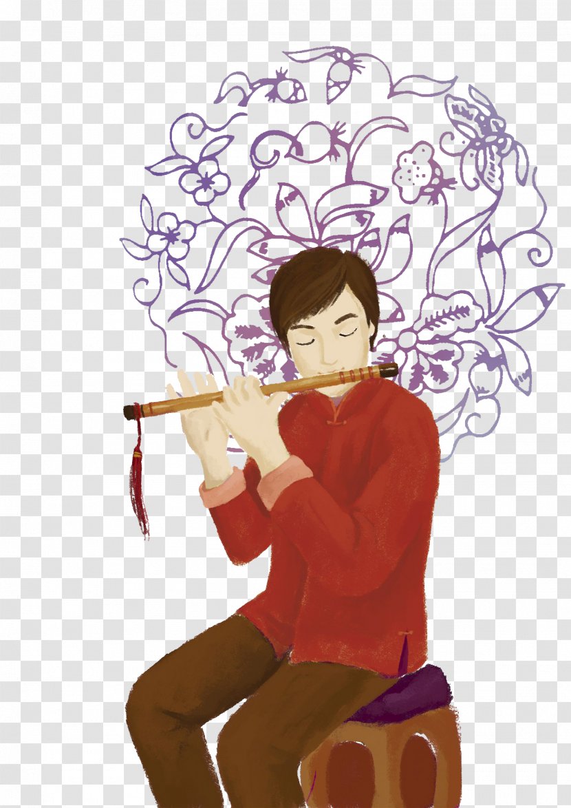 Flute Musical Instrument Illustration - Silhouette - Chinese Watercolor Illustration, Young People Playing The Transparent PNG