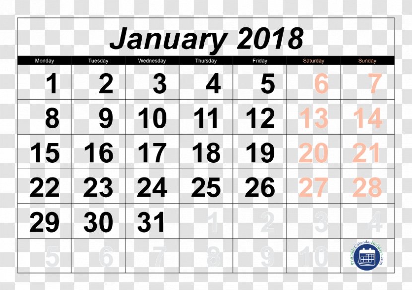 Calendar January Template Microsoft Excel - Hindu South - 2018 Transparent PNG