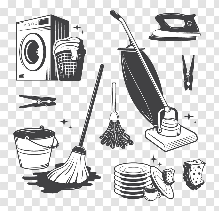 Cleaner Maid Service Cleaning Illustration - Monochrome - 7 Of Household Tools Design Vector Material Transparent PNG