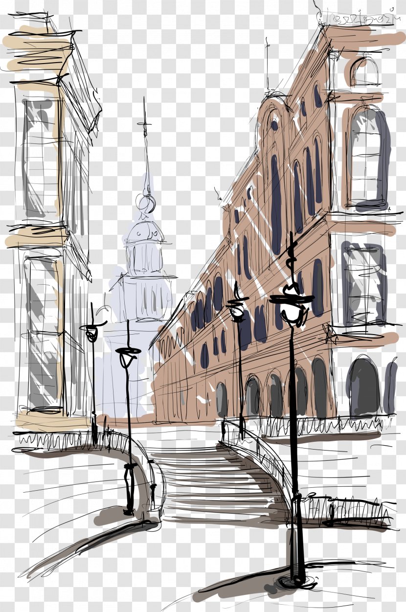 Painting Architecture Drawing Building - Color Ink Town Transparent PNG