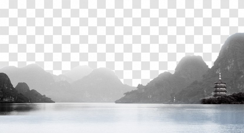 Black And White Shan Shui Ink Wash Painting Landscape - Lake Transparent PNG