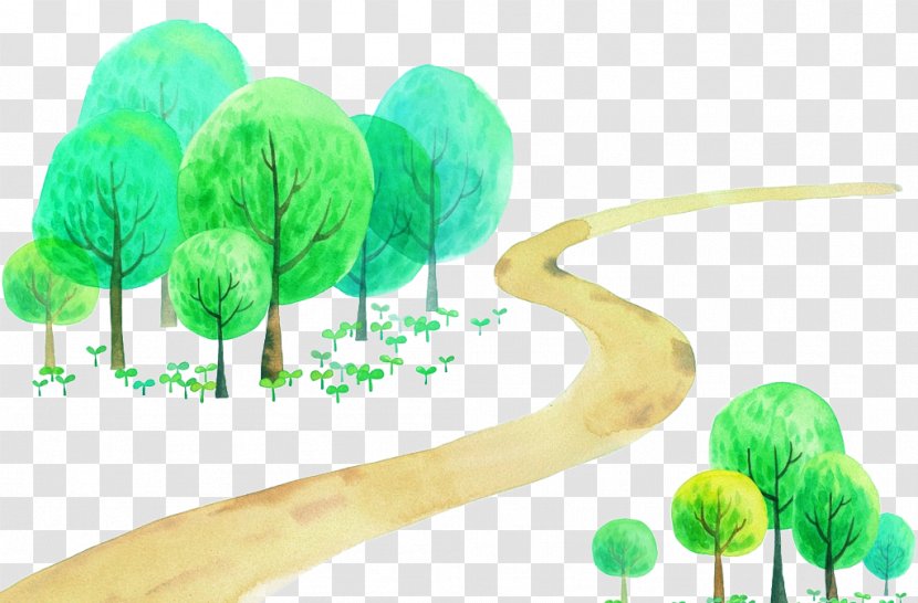 Cartoon Watercolor Painting Illustration - Tree-lined Trail Vector Transparent PNG
