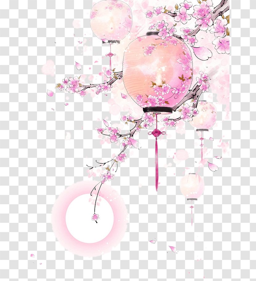 Watercolor Painting Chinese Art Drawing - Japanese - Pink Dream Lantern Peach Border Texture Transparent PNG