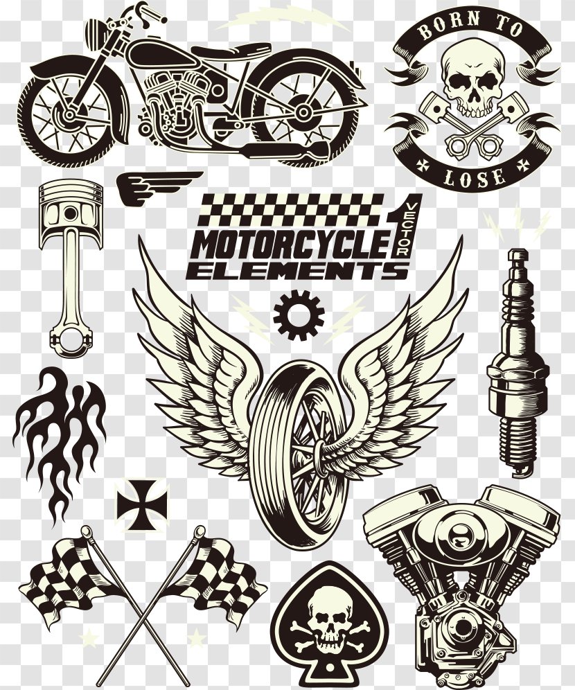 Motorcycle Symbol Clip Art - Bicycle - Skull Wings Vector Tires Transparent PNG
