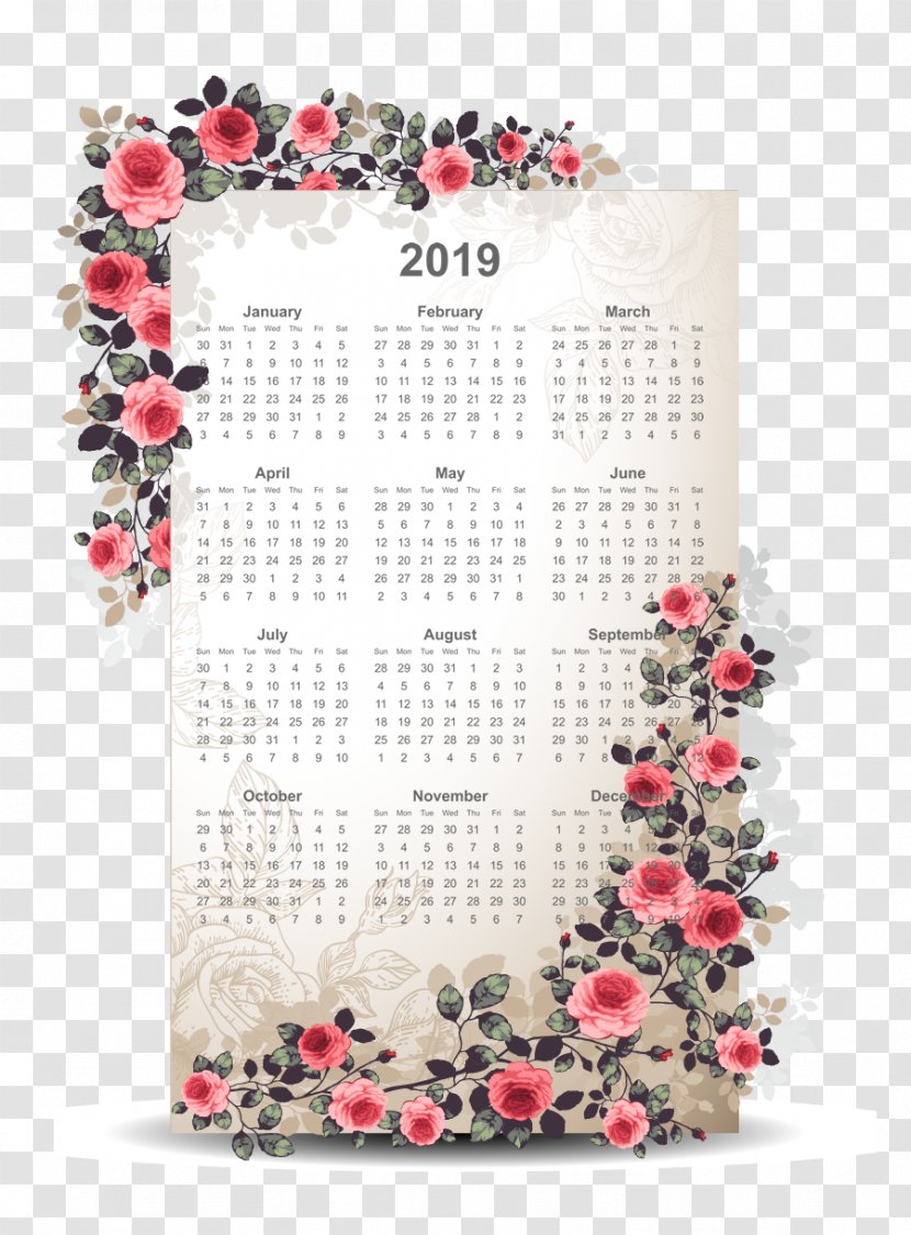 2019 Calendar Printable USA With Flower Boarder.pn - Petal Transparent PNG
