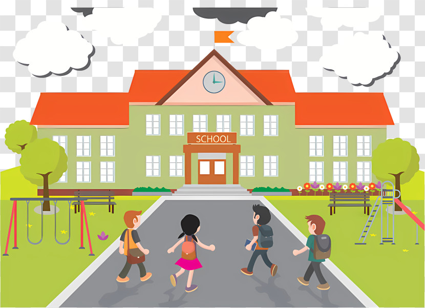 School Campus - Illustrative View Of A School With Kids Transparent PNG