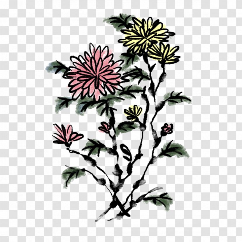 Ink Wash Painting Chrysanthemum Four Gentlemen - Branch Transparent PNG