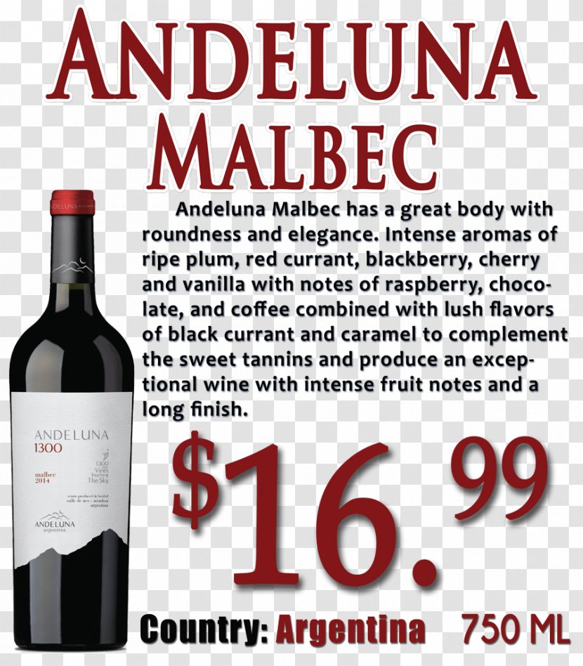 Red Wine Malbec Uco Valley Bodega Andeluna - Dessert Transparent PNG