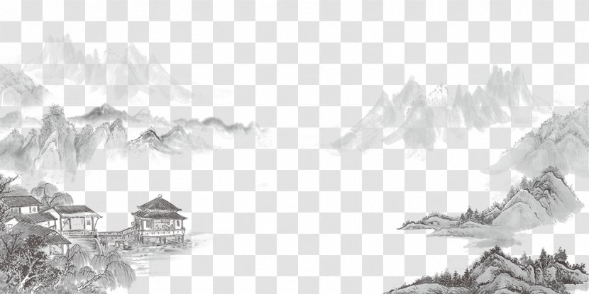 U56fdu753bu5c71u6c34 Ink Wash Painting Shan Shui - Chinese - The House Between And Landscapes Transparent PNG