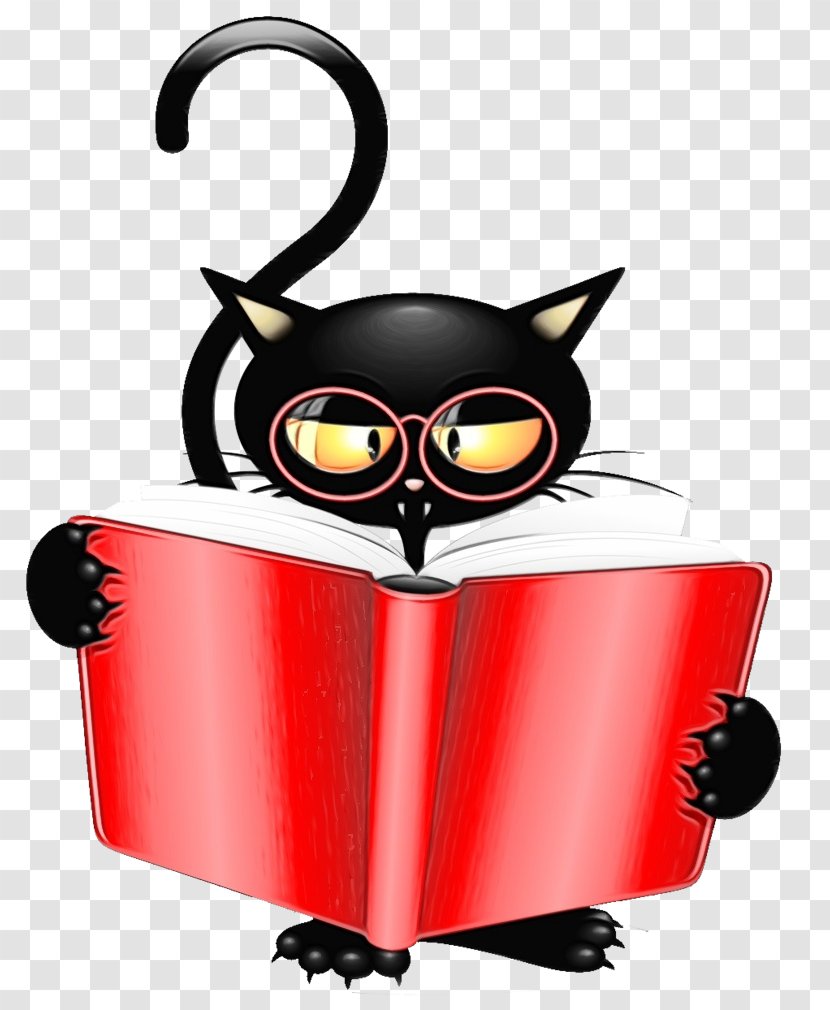 Black Cat Cartoon Mural Drawing - Book - Glasses Whiskers Transparent PNG