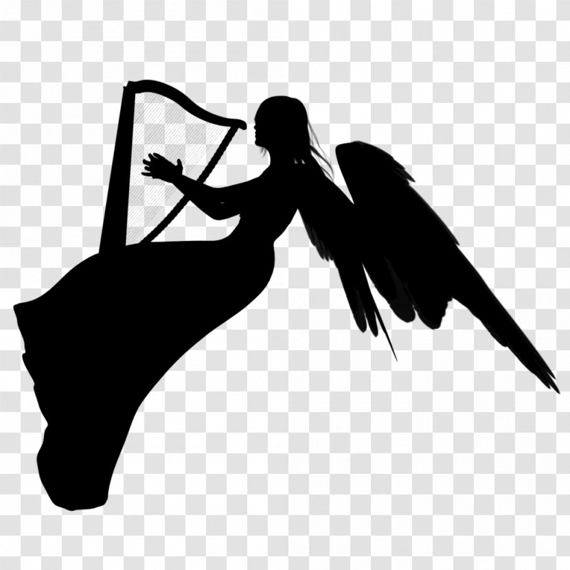 Black Silhouette Character White Clip Art - Monochrome - Angel Harp Transparent PNG