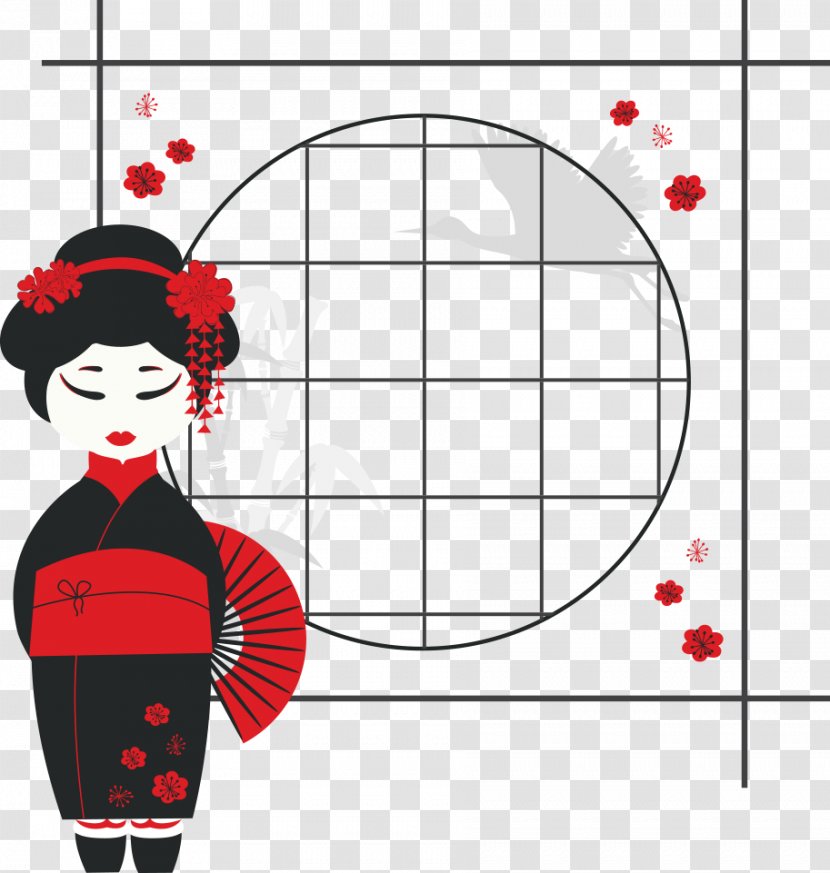 Japan Geisha Cartoon Illustration - Vector Woman With Red Flowers Transparent PNG