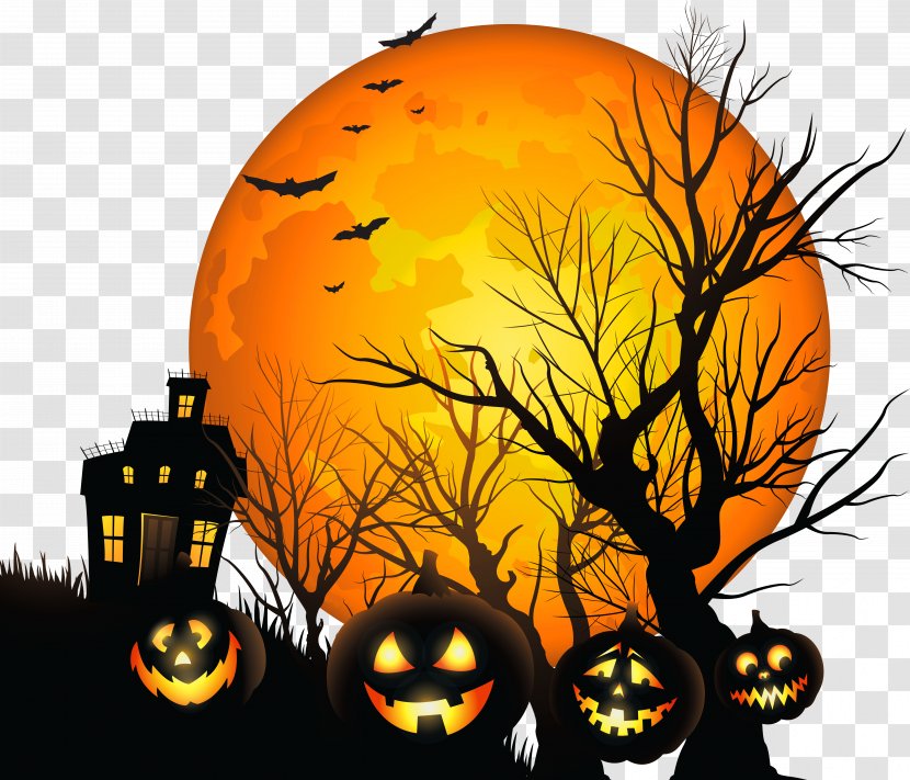 Halloween Clip Art - Produce - Large Haunted House And Moon Clipart Transparent PNG