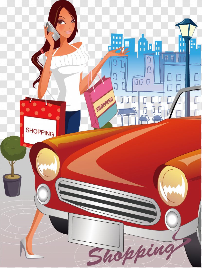 Shopping Fashion Illustration - Compact Car - Vector Fashionable Woman Transparent PNG