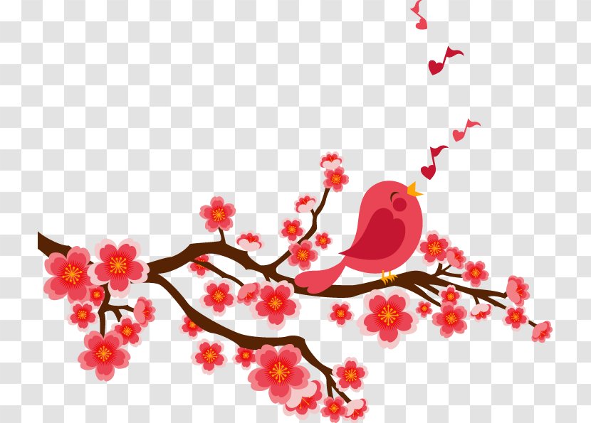 Bird Singing Cartoon Clip Art - Plum Branches Transparent PNG