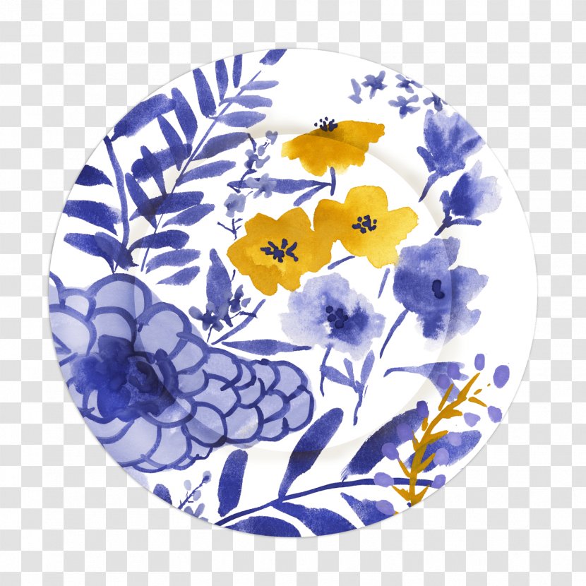 Cobalt Blue And White Pottery Flowering Plant Porcelain - Watercolor Butterfly Transparent PNG
