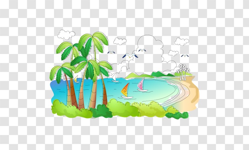 Cartoon Fukei Painting Illustration - Hand Painted Beach Pictures Of The Sea Transparent PNG