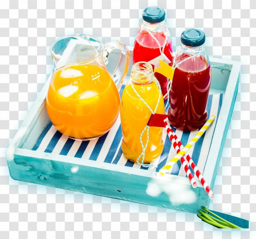 Ice Cream Orange Juice Fizzy Drinks Picnic - Carrot - Blue Tray Four Fruit Glass Bottles Transparent PNG