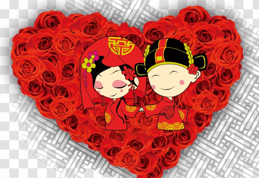 Wedding Invitation Chinese Marriage Paper - Bride And Groom On A Heart-shaped Roses Transparent PNG