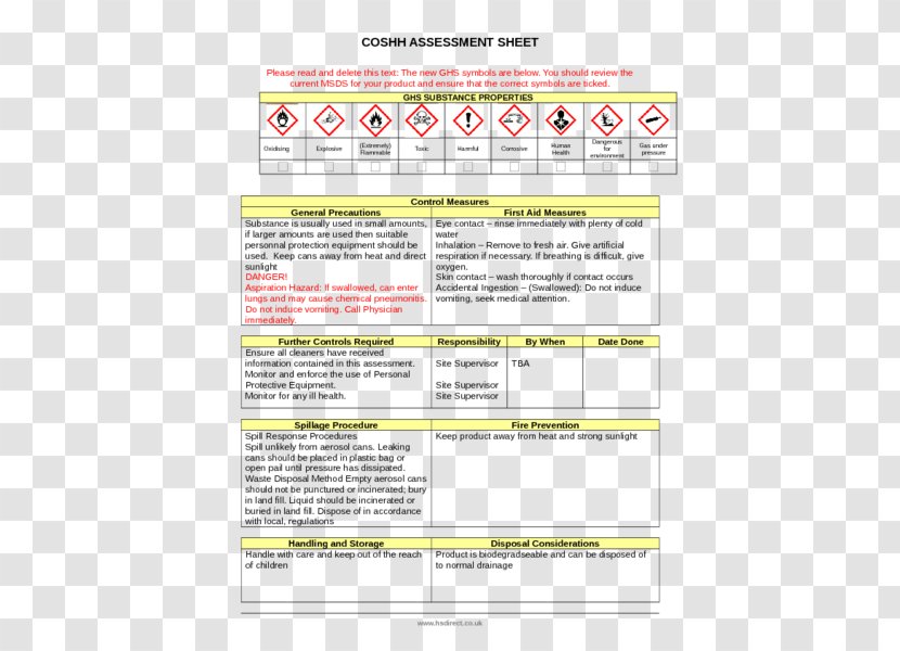 COSHH Safety Data Sheet Risk Assessment Health And Executive - Text - Builder's Insurance Transparent PNG