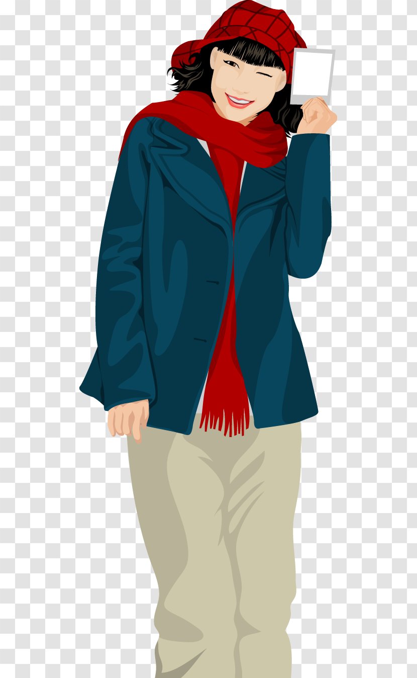 Cartoon Clip Art - Red Hat Wearing Scarf Vector Wink Woman Transparent PNG