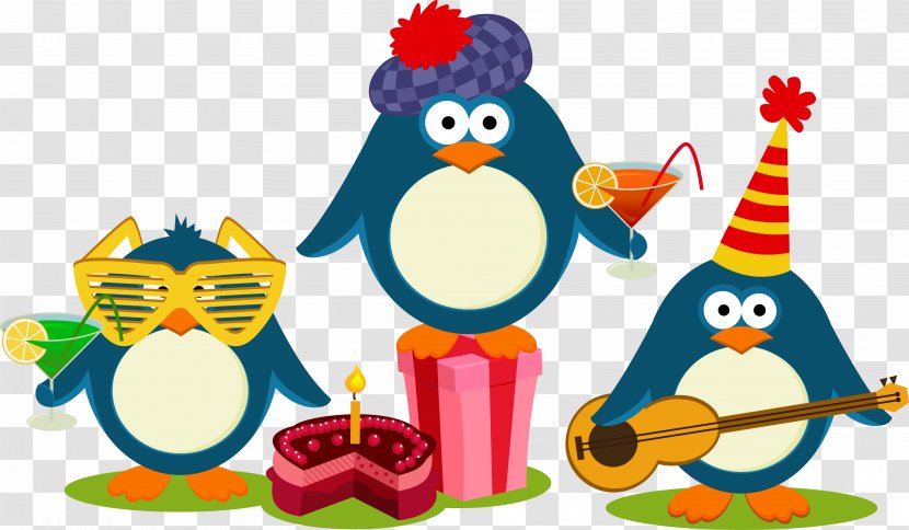 Wedding Invitation Penguin Greeting Card Drawing - Three Cartoon Penguins Celebrating Birthday Vector Transparent PNG