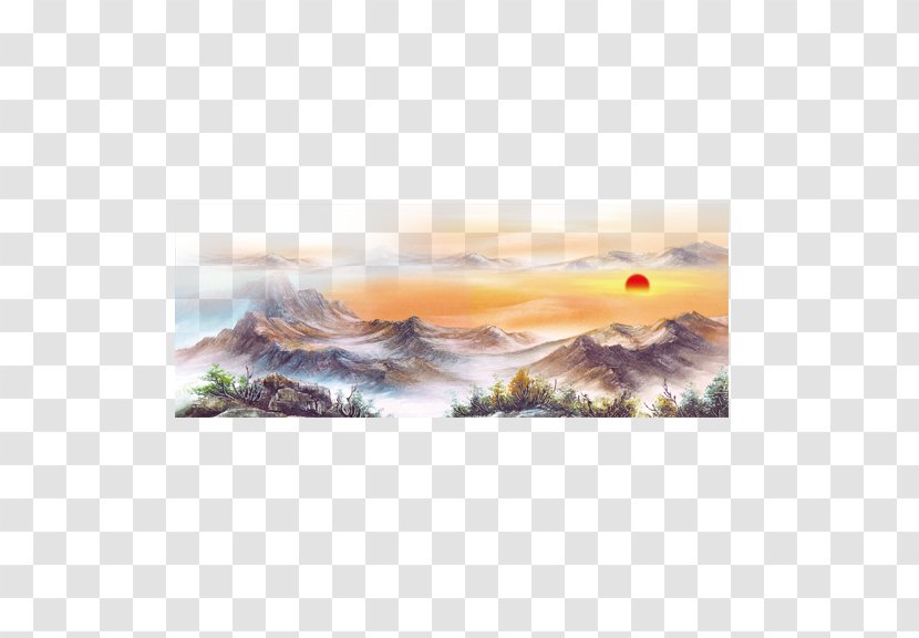 Painting Shan Shui Wall - Landscape - Sunrise Mountains Transparent PNG