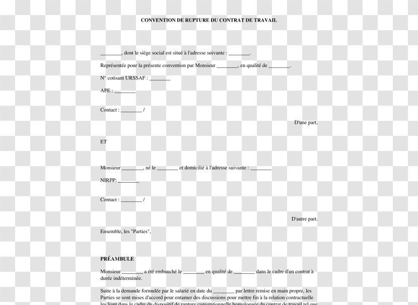 Document Rupture Conventionnelle Du Contrat De Travail Text Template Form - Silhouette - Professionnalisation Transparent PNG