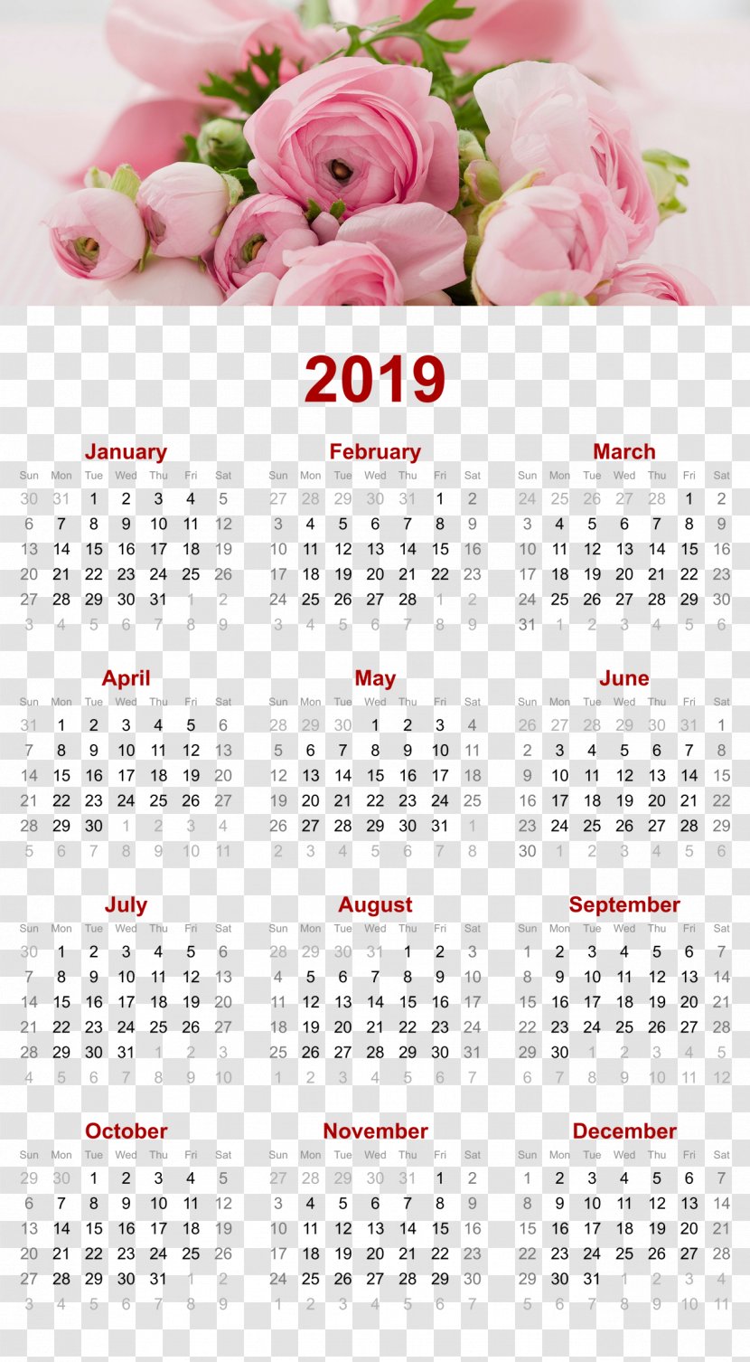 2019 Printable Calendar - Art - Roses Flower Design.Others Transparent PNG