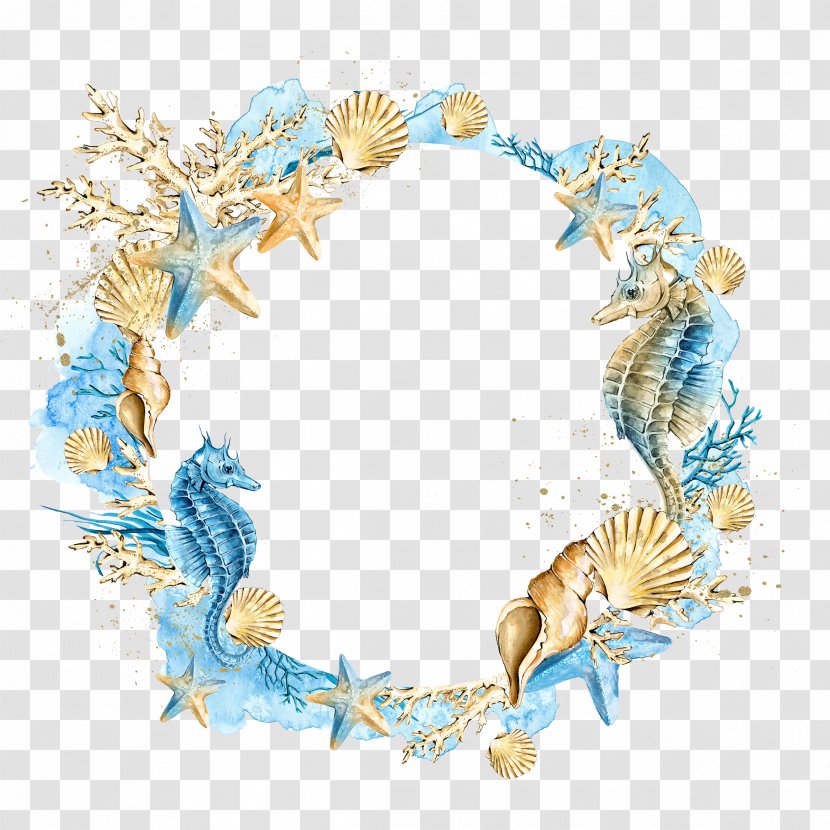 Wedding Invitation Watercolor Painting Seashell Clip Art - Shells Starfish Wreath Transparent PNG