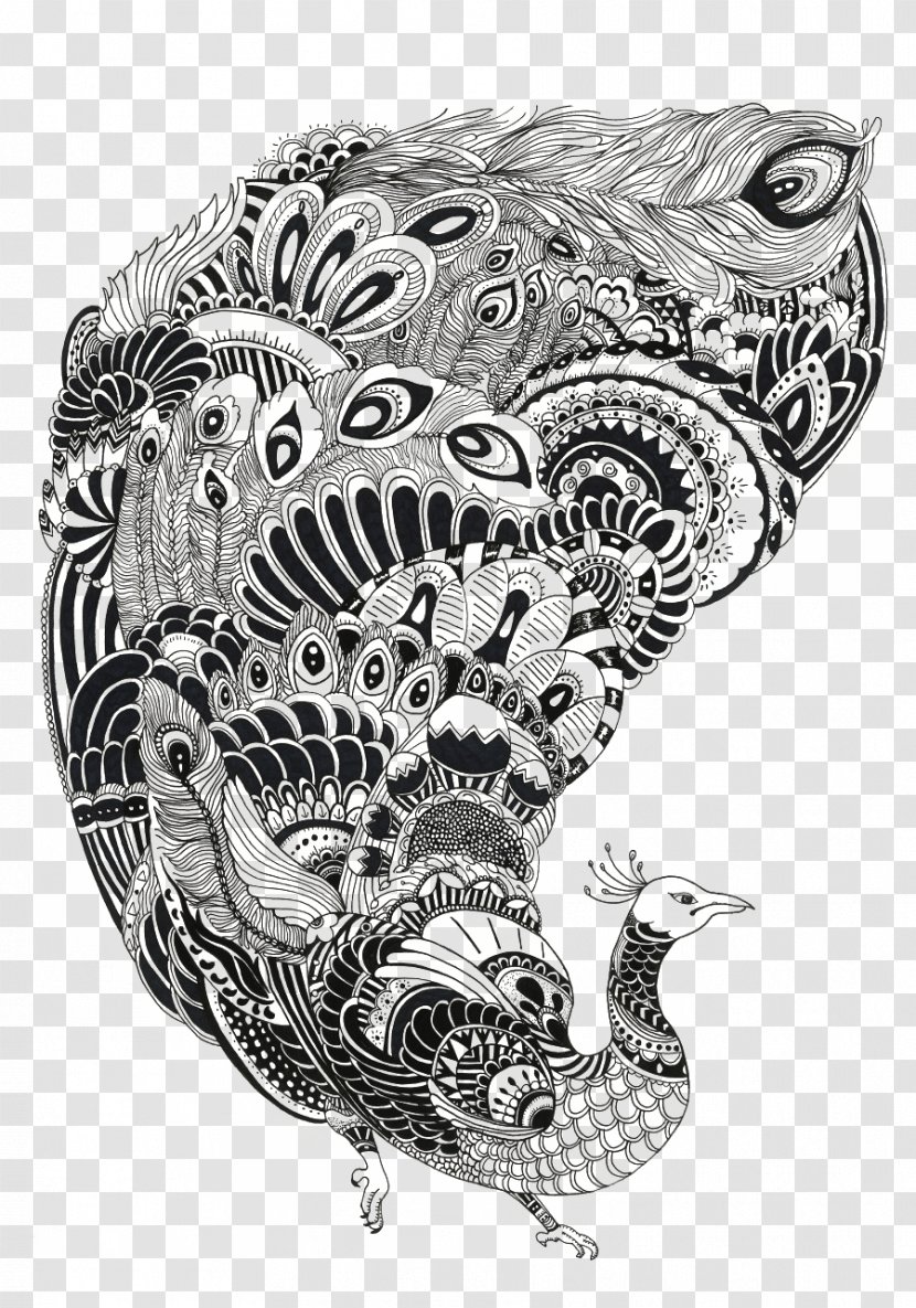 Black And White Painting Illustration - Mu1ef9 Thuu1eadt - Line Art Peacock Transparent PNG