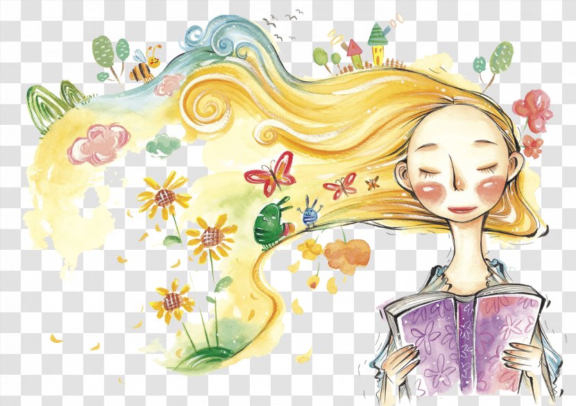 Watercolor Painting Childhood Illustration - Flower - The Is Breezy And Girl's Hair Blowing Transparent PNG