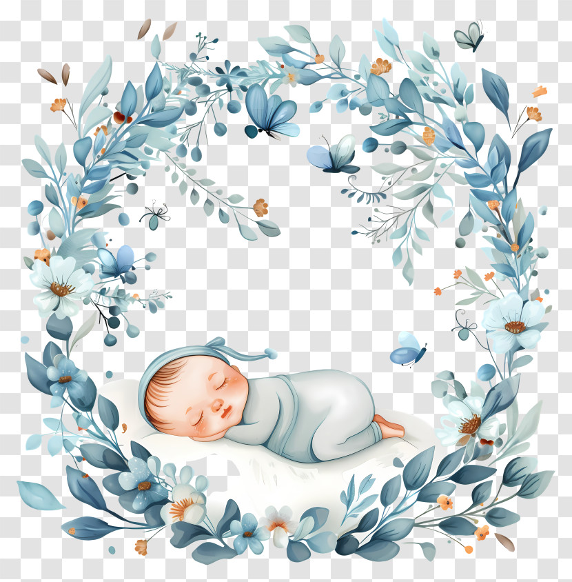 Baby Birth Frame - Sleeping Baby In A Beautiful Floral Wreath Transparent PNG