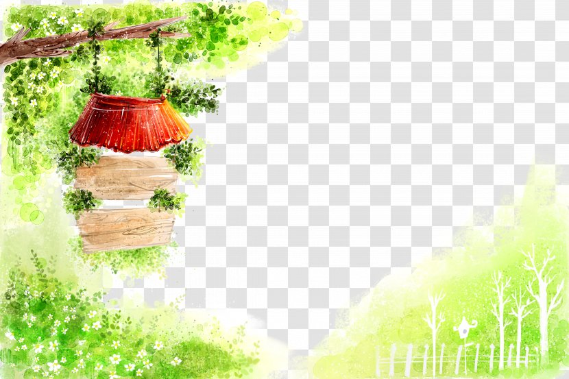 Cartoon Spring Illustration - Nature - Watercolor Wooden Tag Trees Background Transparent PNG