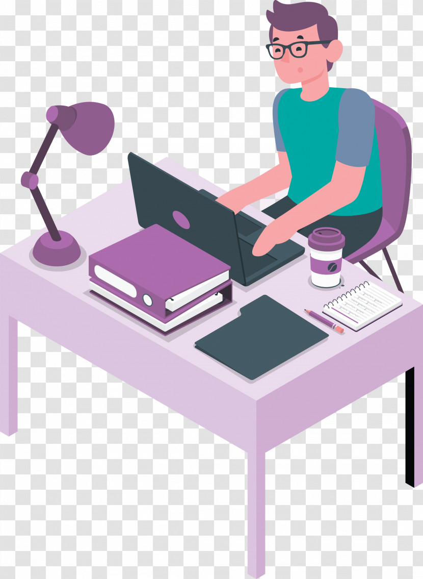 Sitting Desk Cartoon Angle Purple Transparent PNG