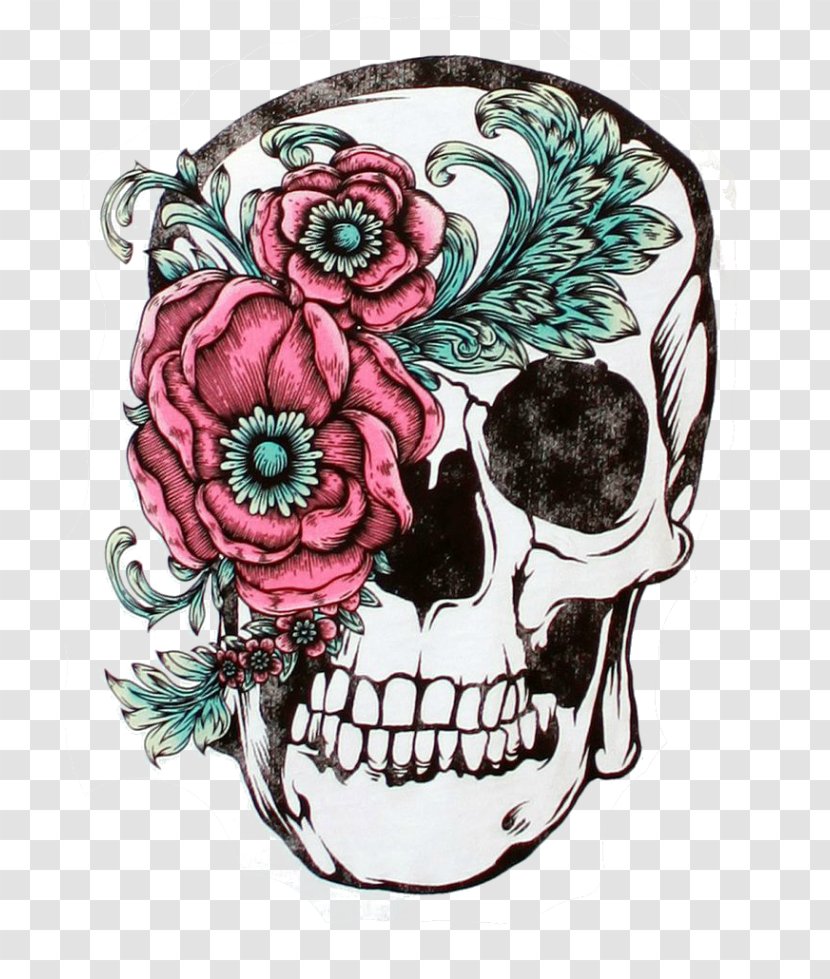 Skull Calavera Sleeve Tattoo Flower - Watercolor Transparent PNG