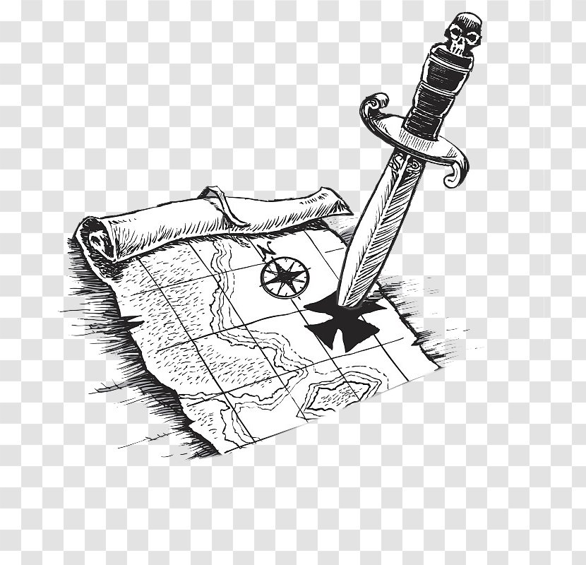 Piracy Treasure Map Drawing Illustration - Pixel Art - A Sharp Edged Knife Stuck In The Target Transparent PNG