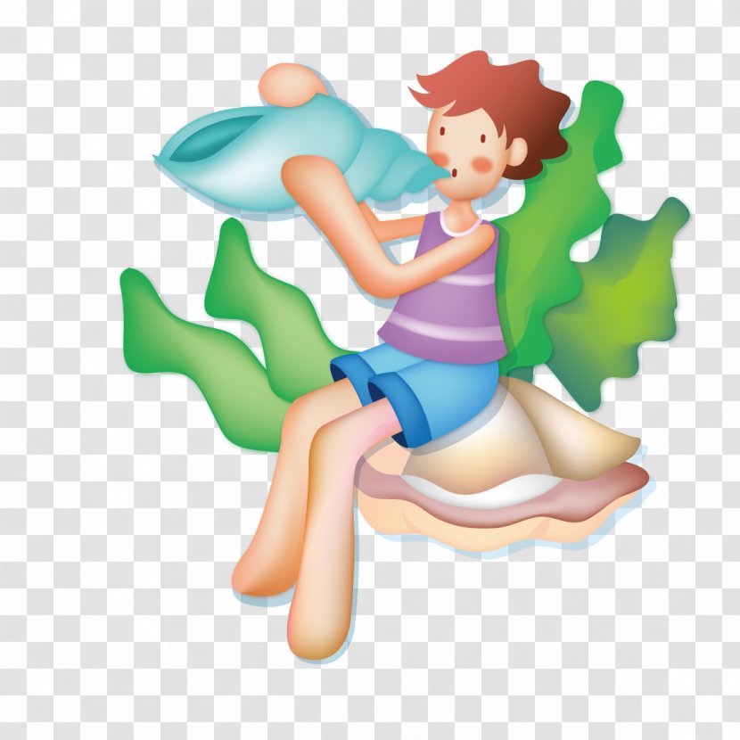 Beach Clip Art - Watercolor - Boy Sitting On The Blowing Snail Transparent PNG