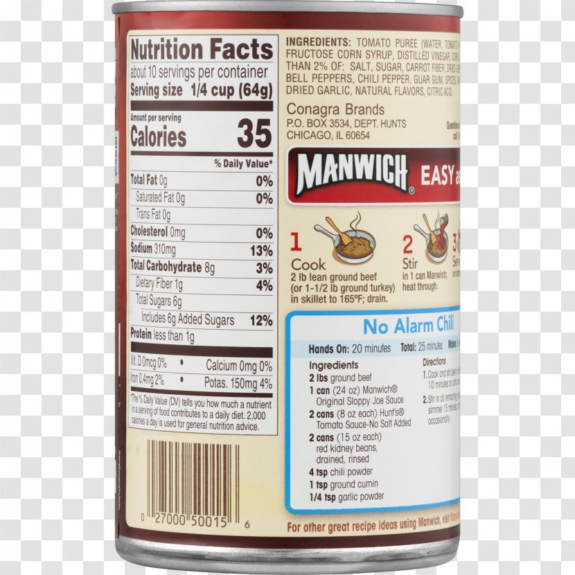 Sloppy Joe Manwich Ingredient Sauce Nutrition Facts Label Transparent PNG