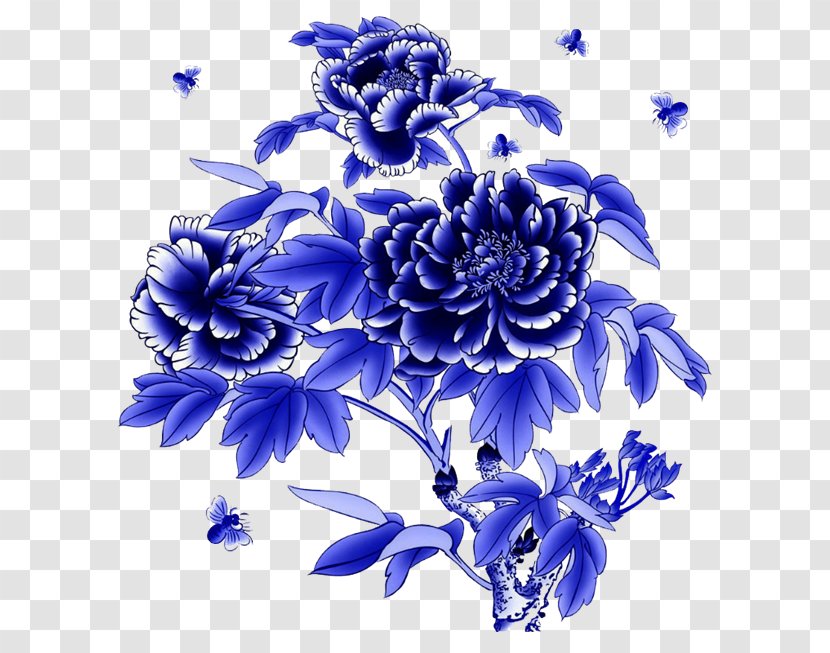 Blue And White Pottery Motif - Floristry - Peony Transparent PNG