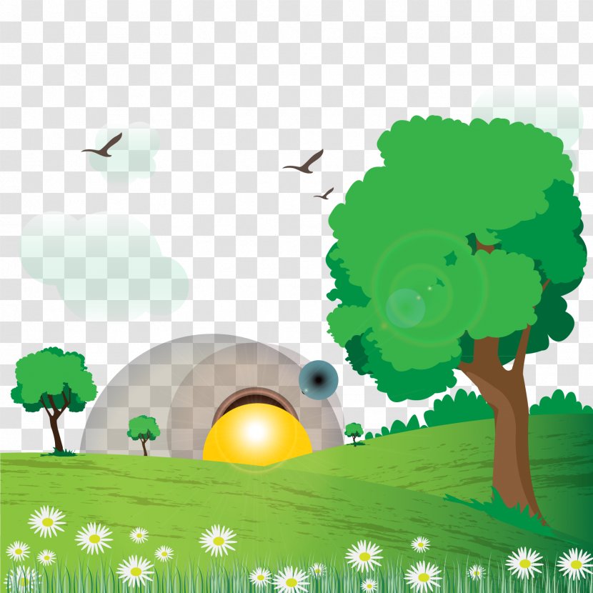 Natural Landscape Euclidean Vector Drawing - Grass - Sunrise Spring With Daisies Transparent PNG