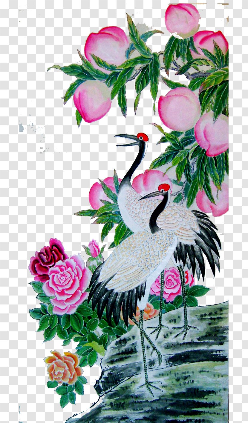 Water Bird Painting Floral Design Feng Shui - Rose Family - Peach Transparent PNG