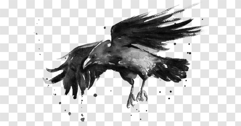 Watercolor Painting Art Watercolor: Animals Printmaking - Black And White - Flying Ravens Transparent PNG