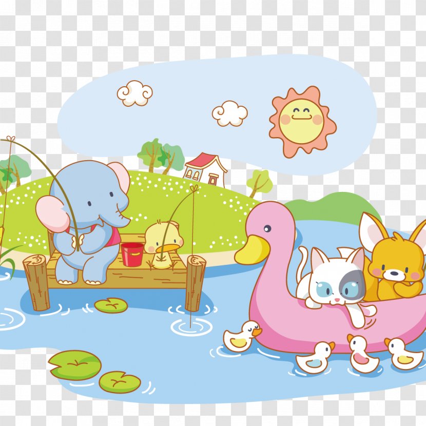 Cat Cartoon Cuteness Animal - Yellow - Elephant Fishing Transparent PNG