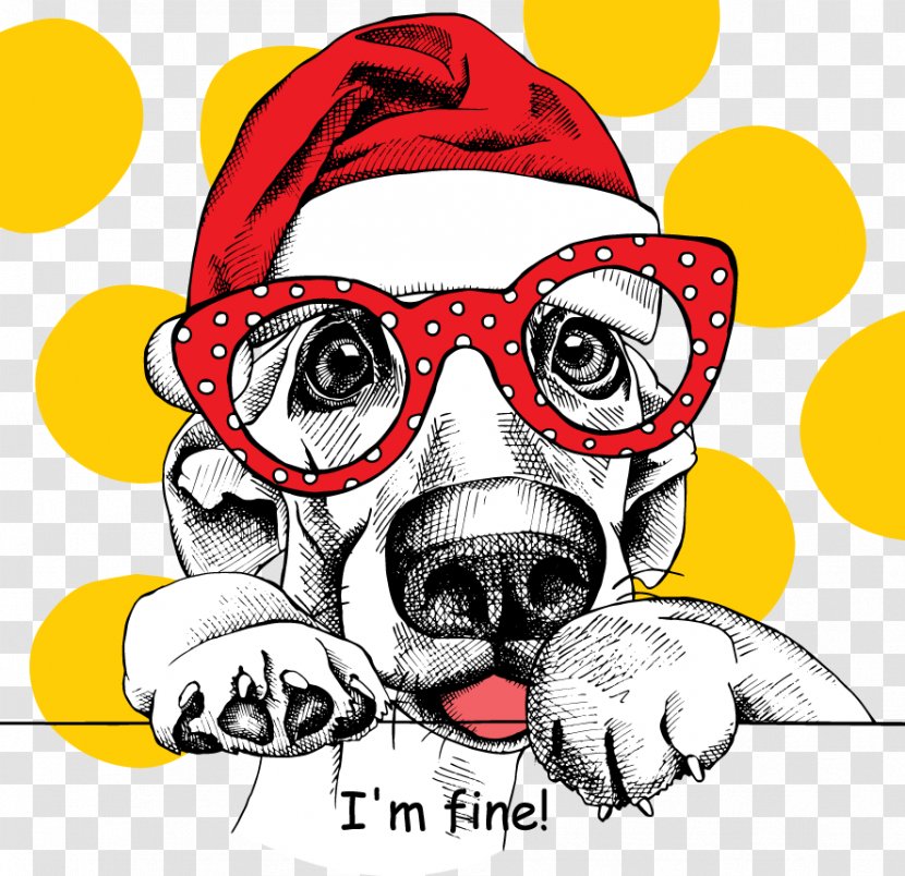 French Bulldog Puppy Santa Claus Christmas Drawing - Nose - Yellow Polka Dot Background Glasses Dog Transparent PNG