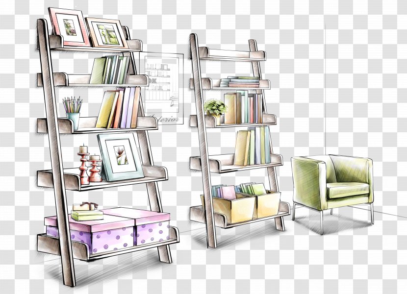 Interior Design Services Drawing Decorative Arts Wallpaper - Architecture - Cartoon Library Bookshelf Seat Sofa Transparent PNG