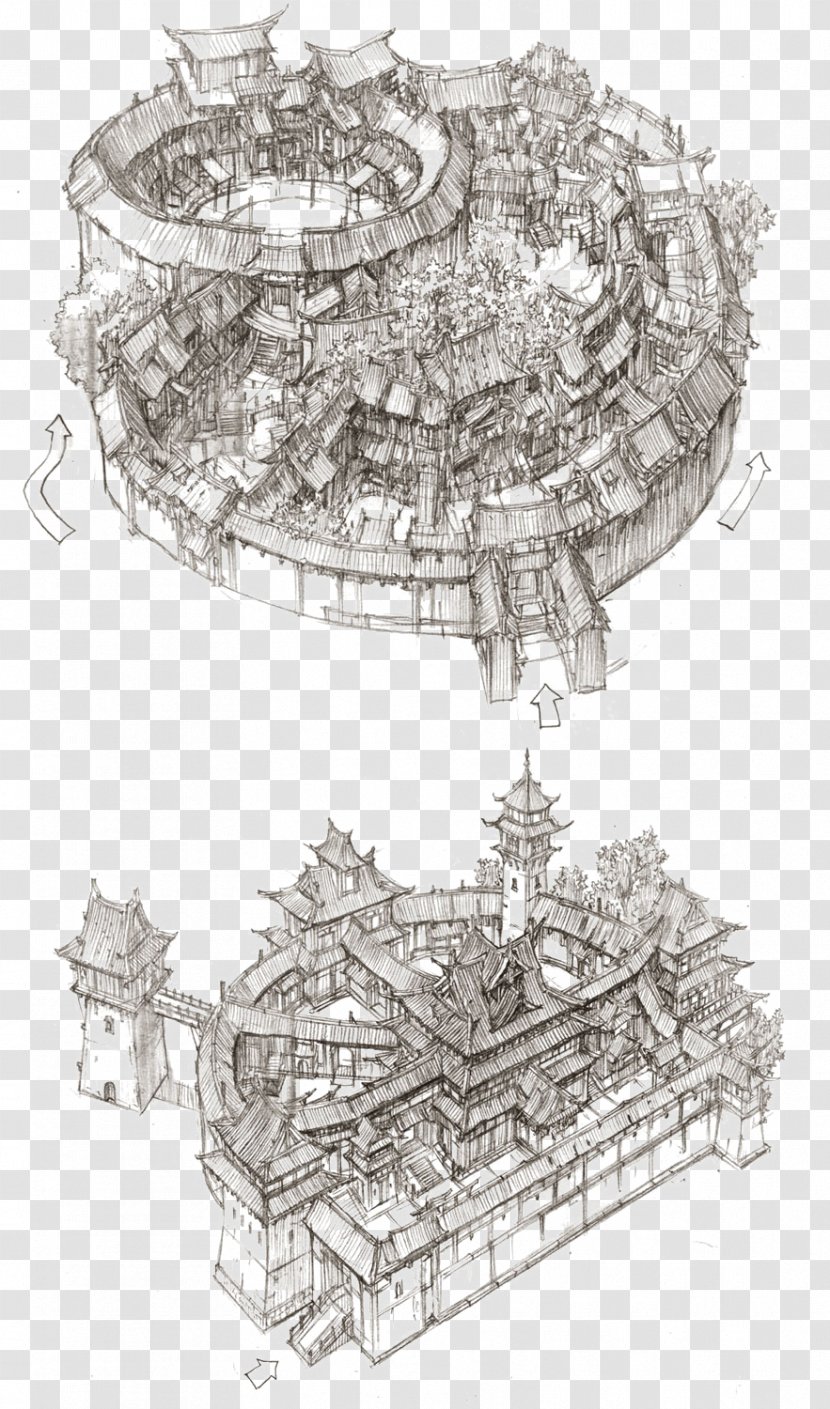 South Korea Concept Art Architecture Drawing - Monochrome - Chinese Style Building Model Artwork Transparent PNG