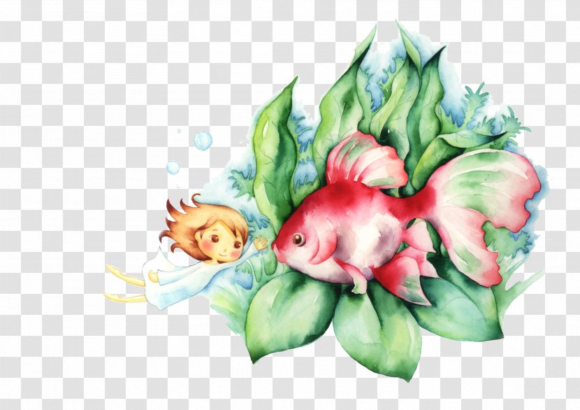 Goldfish Cartoon Comics Illustration - Flowering Plant - Hand-painted Small Fish Transparent PNG