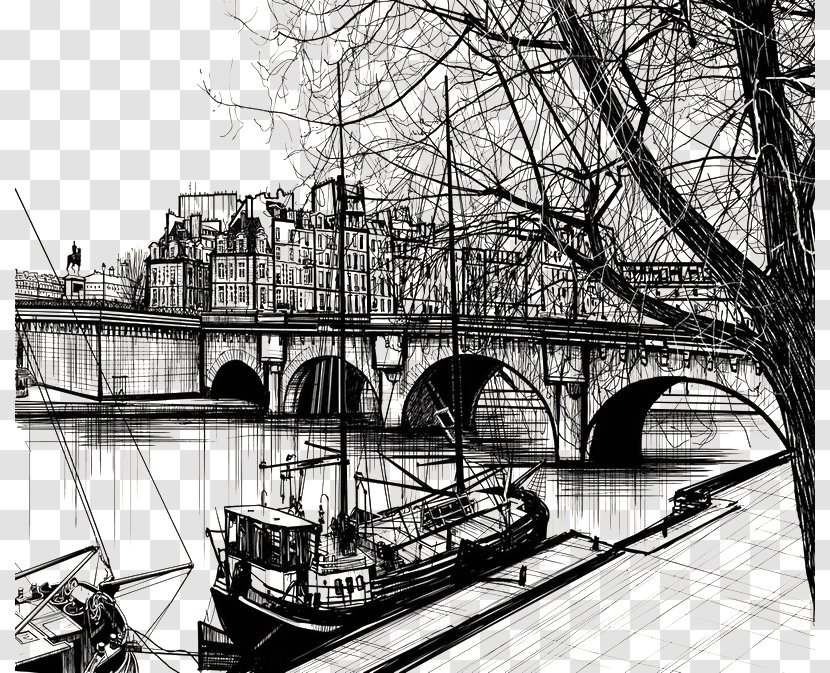 Pont Neuf Xcele De La Citxe9 Drawing Illustration - Bridge Creek Boat Line Freehand Painting Background Transparent PNG