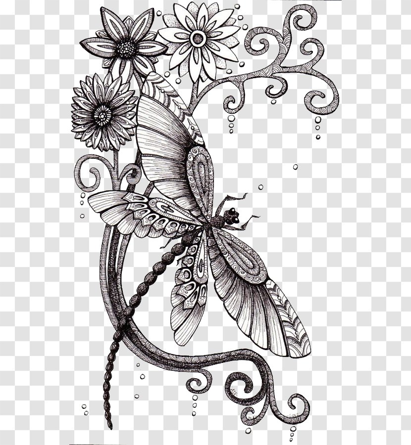 Drawing Dragonfly Art Idea Sketch - Technical Pen - Decorative Painting Flowers Transparent PNG
